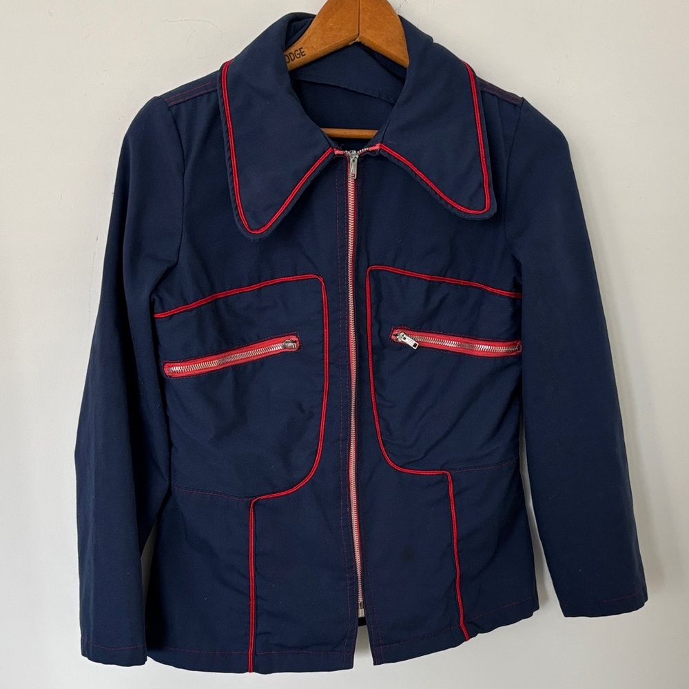 Vintage Debutogs jacket, navy w/ red piping, zip chest pockets, size S?